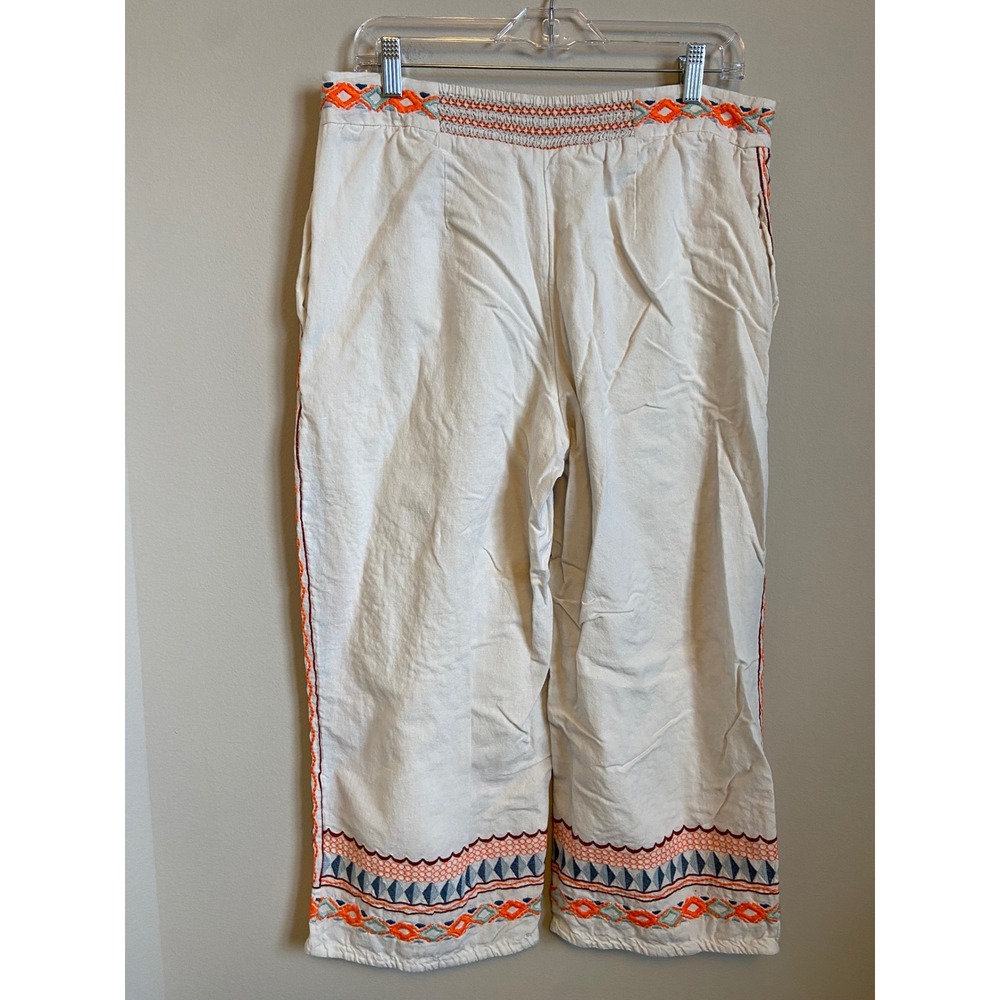 Anthropologie‎ Embroidered Cropped Pants Cream Boho Festival Size 12 - Picture 9 of 11